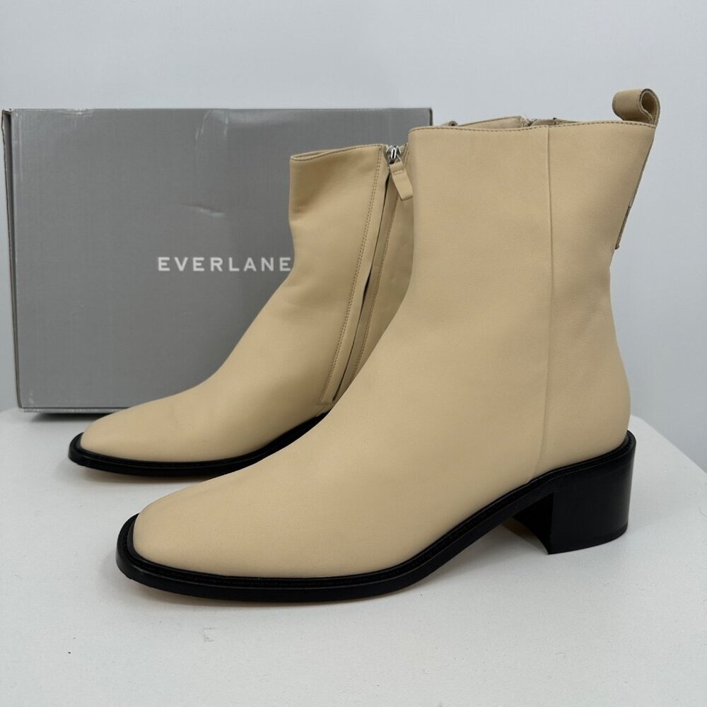 Everlane The City Boot in Cream Leather 10.5 Women's Side Zip Block Heel Ankle